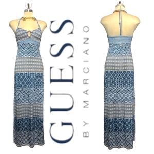 Gorgeous MARCIANO WOMENS Geo Print HALTER MAXI SUN DRESS Blue White SZ M